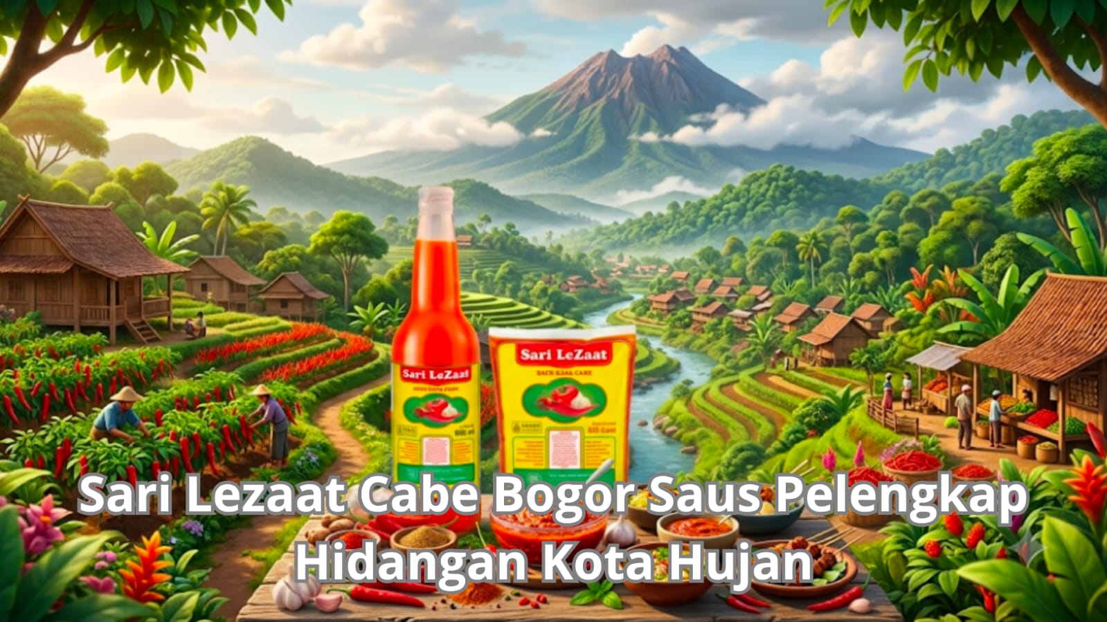 Botol saus cabai Sari lezaat cabe bogor bersanding dengan semangkuk soto mie bogor hangat dan asinan segar